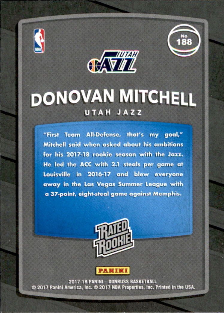 Amazon.com: 2017-18 Donruss #188 Donovan Mitchell RC Rookie Jazz
